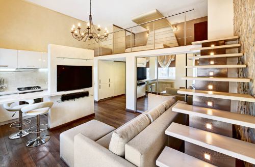 кухня-студия с лестницей | Дизайн и стиль интерьера квартиры, дома, офиса от «Artinterior», Киев, artinterior.com.ua